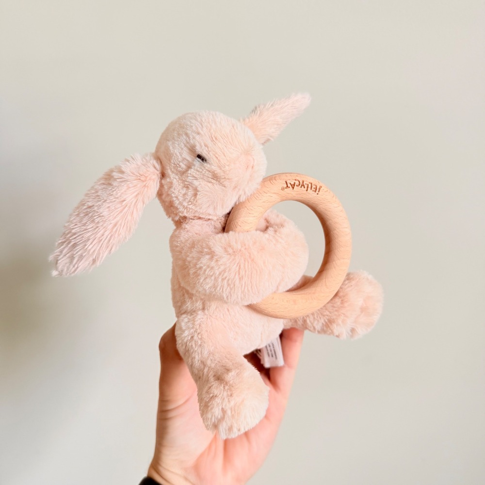 Jellycat Bashful Pink Bunny Wooden Ring Rattle Plush Baby Toy Blush Pink
